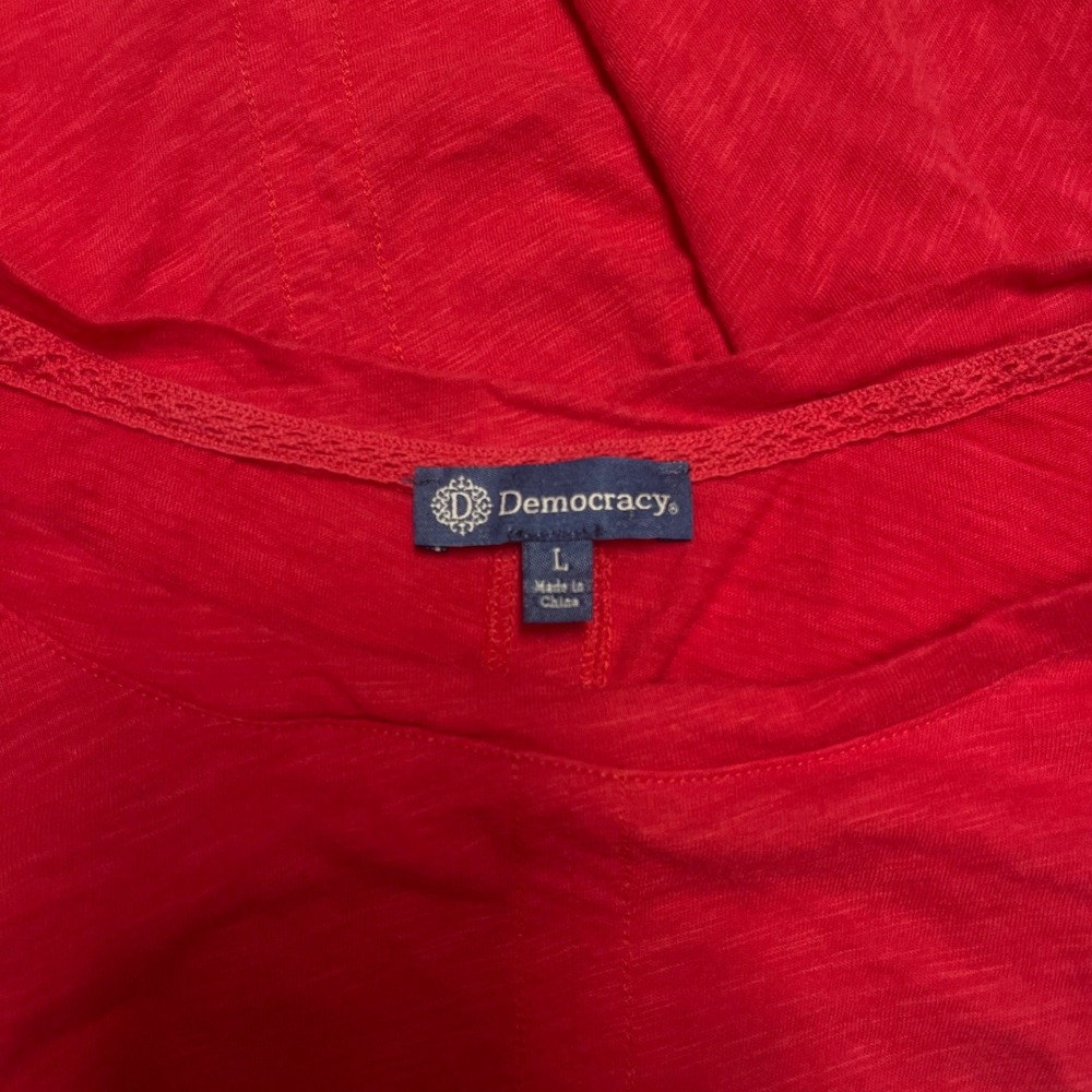 Democracy Womens Red Slub Knit Crochet Lace Trim Puff Sleeve Top Size L - Picture 6 of 6
